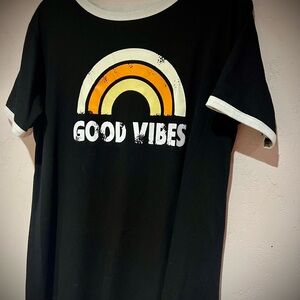Good Vibes Black Short Sleeve Tee with Retro Orange Rainbow